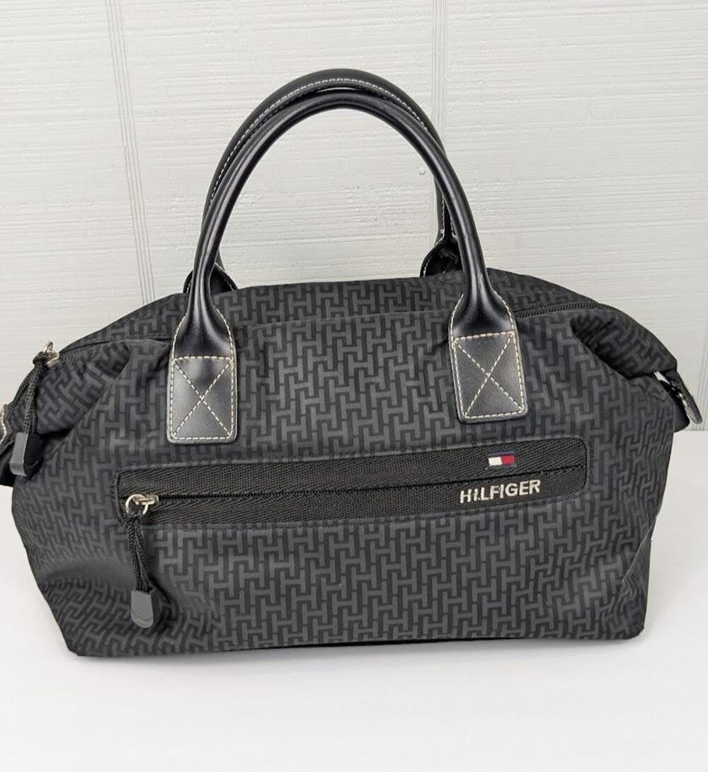 VTG Tommy Hilfiger Womens Black Handbag Nylon Canvas Logo Purse Bag Top Handle